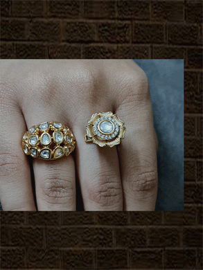 Kundan and AD embedded flower design double finger ring with stones - Odara Jewellery