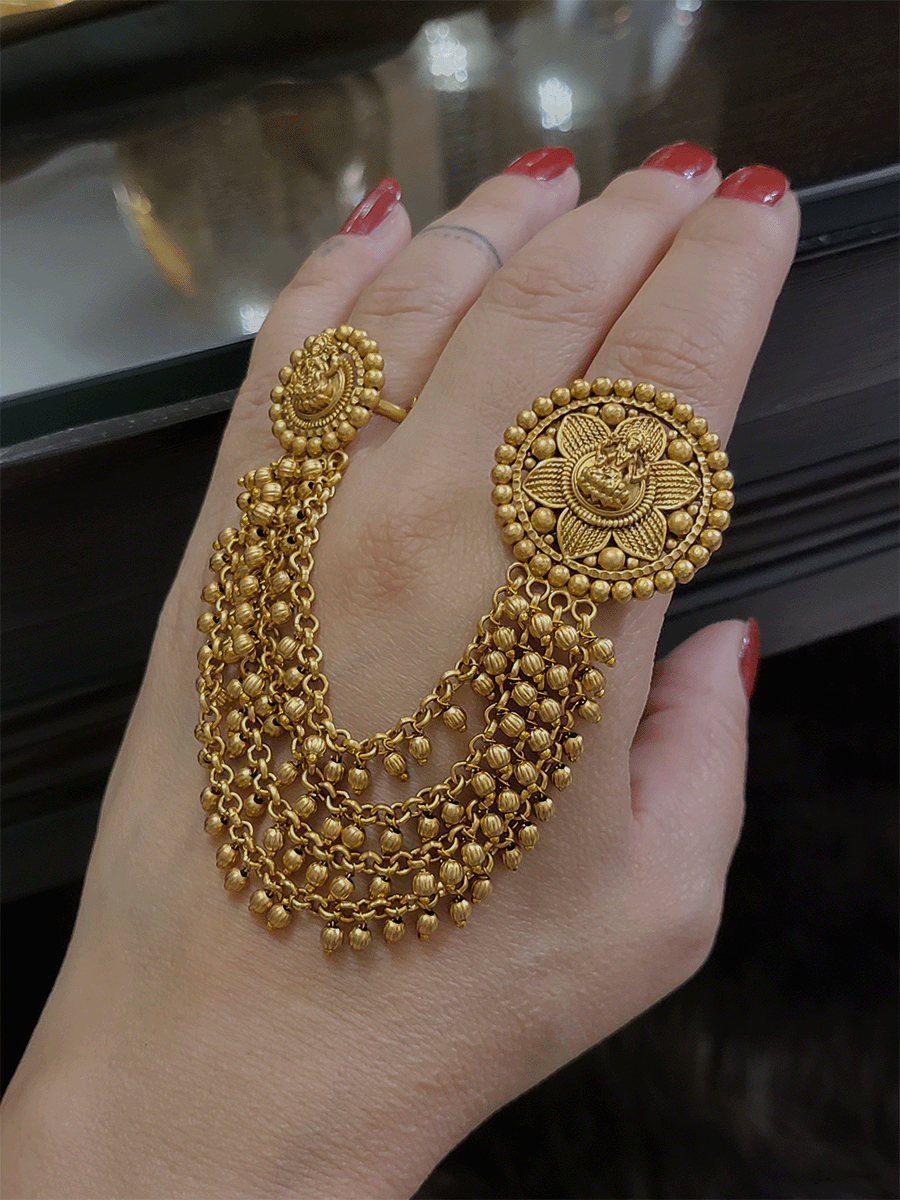 Round laxmiji double finger ring with five attached beaded chains - Odara Jewellery