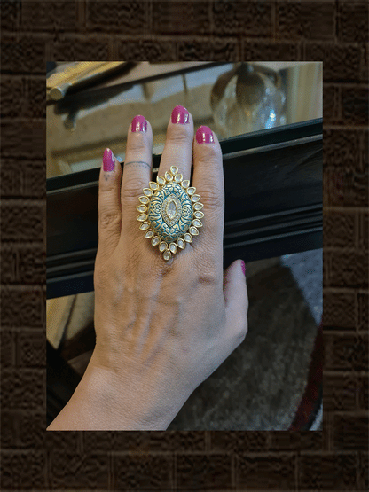 Leaf shaped adjustable kundan ring with AD and enamel work - Odara Jewellery