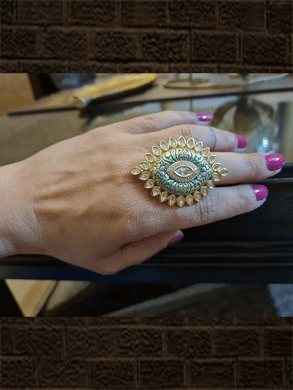 Leaf shaped adjustable kundan ring with AD and enamel work - Odara Jewellery