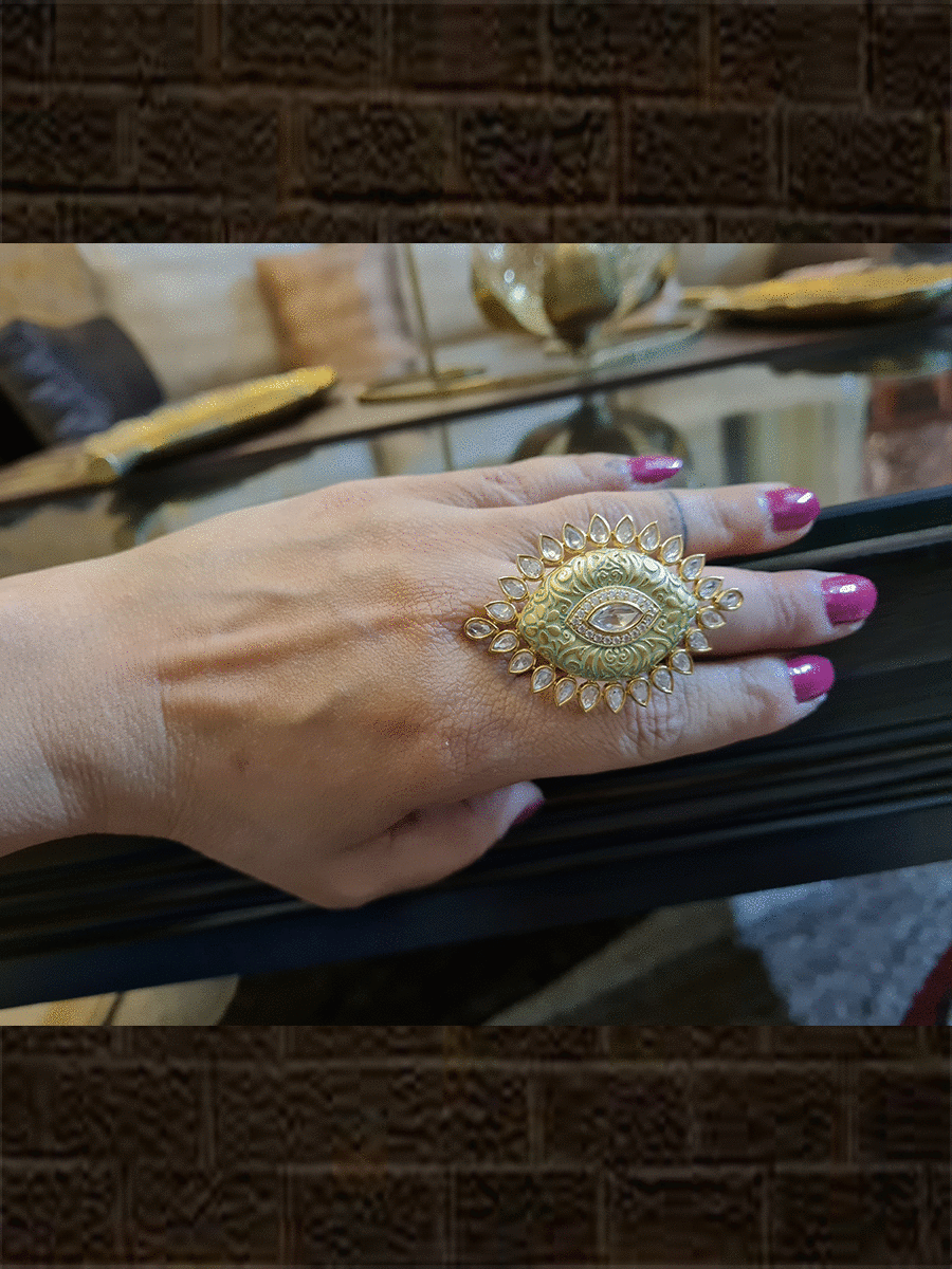 Leaf shaped adjustable kundan ring with AD and enamel work - Odara Jewellery
