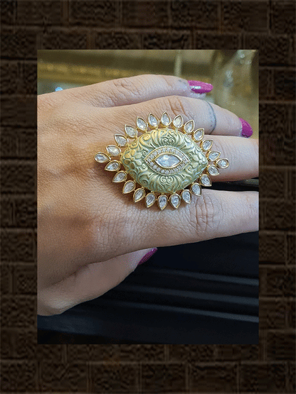 Leaf shaped adjustable kundan ring with AD and enamel work - Odara Jewellery