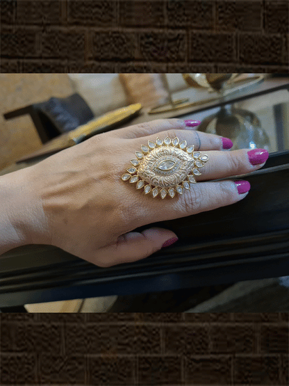Leaf shaped adjustable kundan ring with AD and enamel work - Odara Jewellery