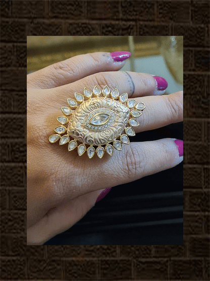 Leaf shaped adjustable kundan ring with AD and enamel work - Odara Jewellery