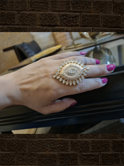Leaf shaped adjustable kundan ring with AD and enamel work - Odara Jewellery