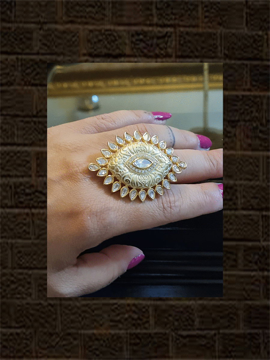 Leaf shaped adjustable kundan ring with AD and enamel work - Odara Jewellery