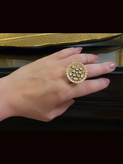 Round leaf design edge adjustable kundan ring