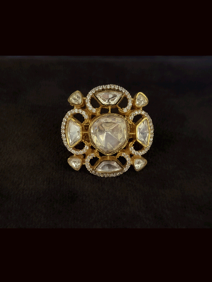 Four leaf flower design uncut polki with AD detailing openable ring