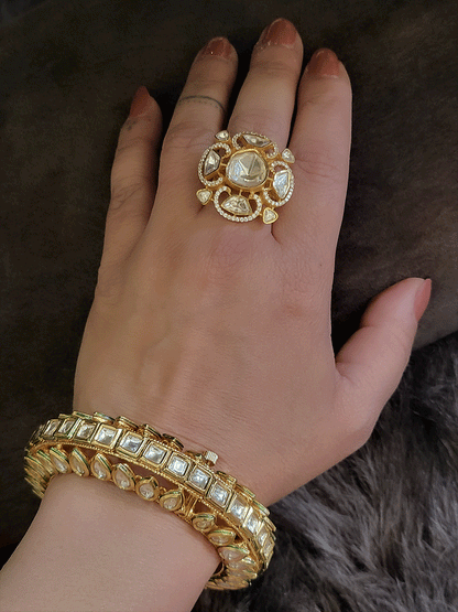 Four leaf flower design uncut polki with AD detailing openable ring