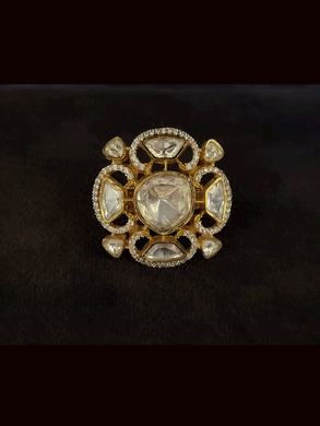 Four leaf flower design uncut polki with AD detailing openable ring