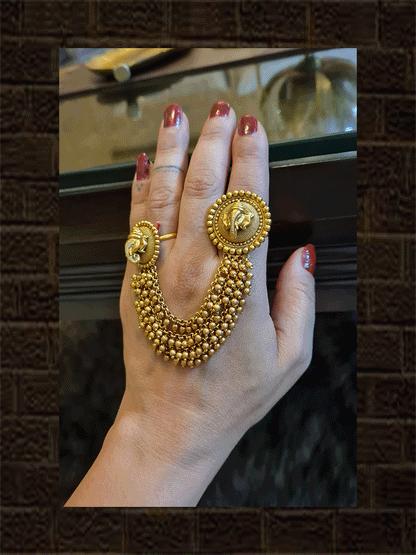 Double finger ganpatiji ring attached with four beaded hanging chains - Odara Jewellery