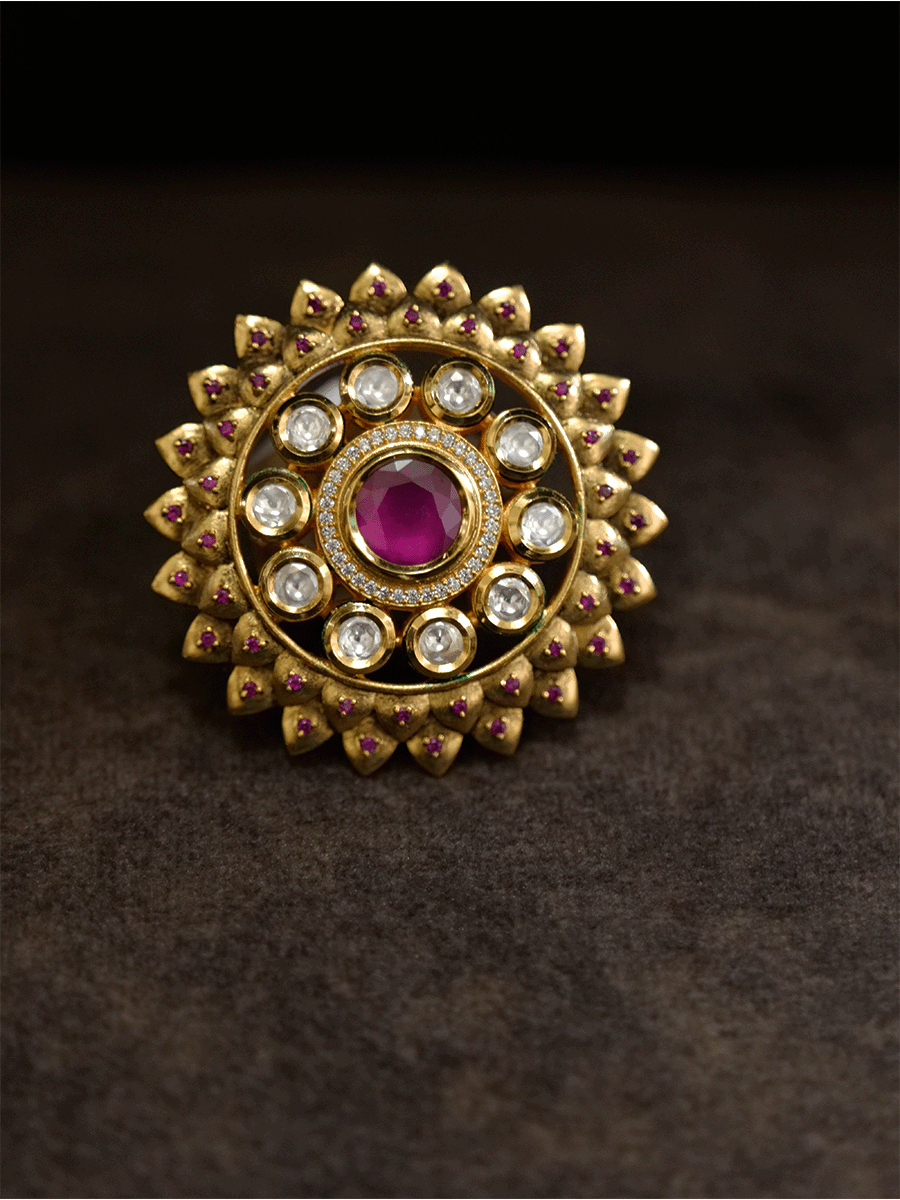 Bold ruby and kundan stone adjustable ring with zircons - Odara Jewellery