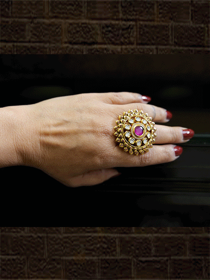 Bold ruby and kundan stone adjustable ring with zircons - Odara Jewellery