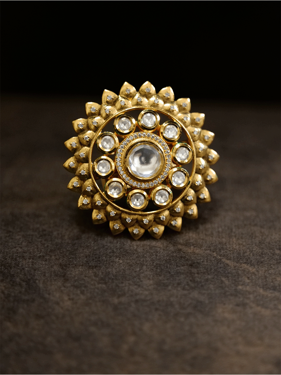 Bold ruby and kundan stone adjustable ring with zircons - Odara Jewellery