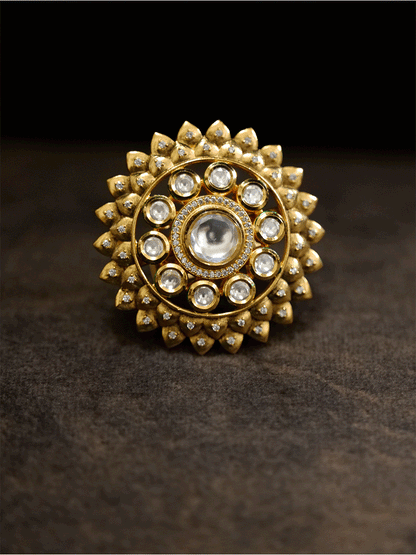 Bold ruby and kundan stone adjustable ring with zircons - Odara Jewellery