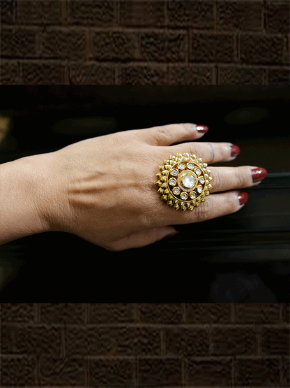 Bold ruby and kundan stone adjustable ring with zircons - Odara Jewellery