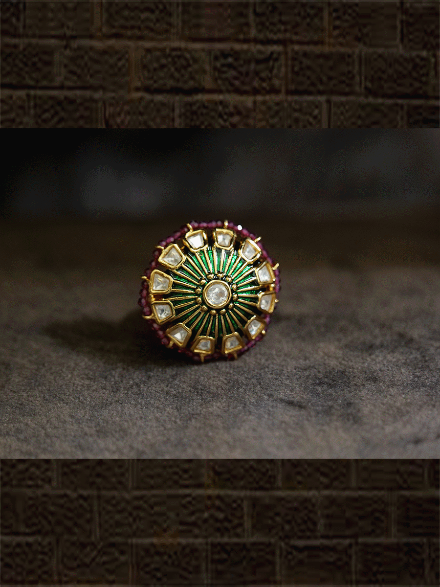 Kundan enamel work adjustable ring with coloured bead pirohi edge - Odara Jewellery