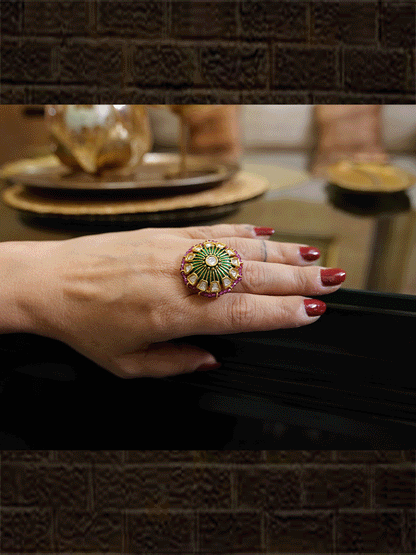 Kundan enamel work adjustable ring with coloured bead pirohi edge - Odara Jewellery