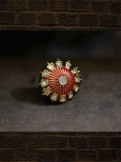 Kundan enamel work adjustable ring with coloured bead pirohi edge - Odara Jewellery