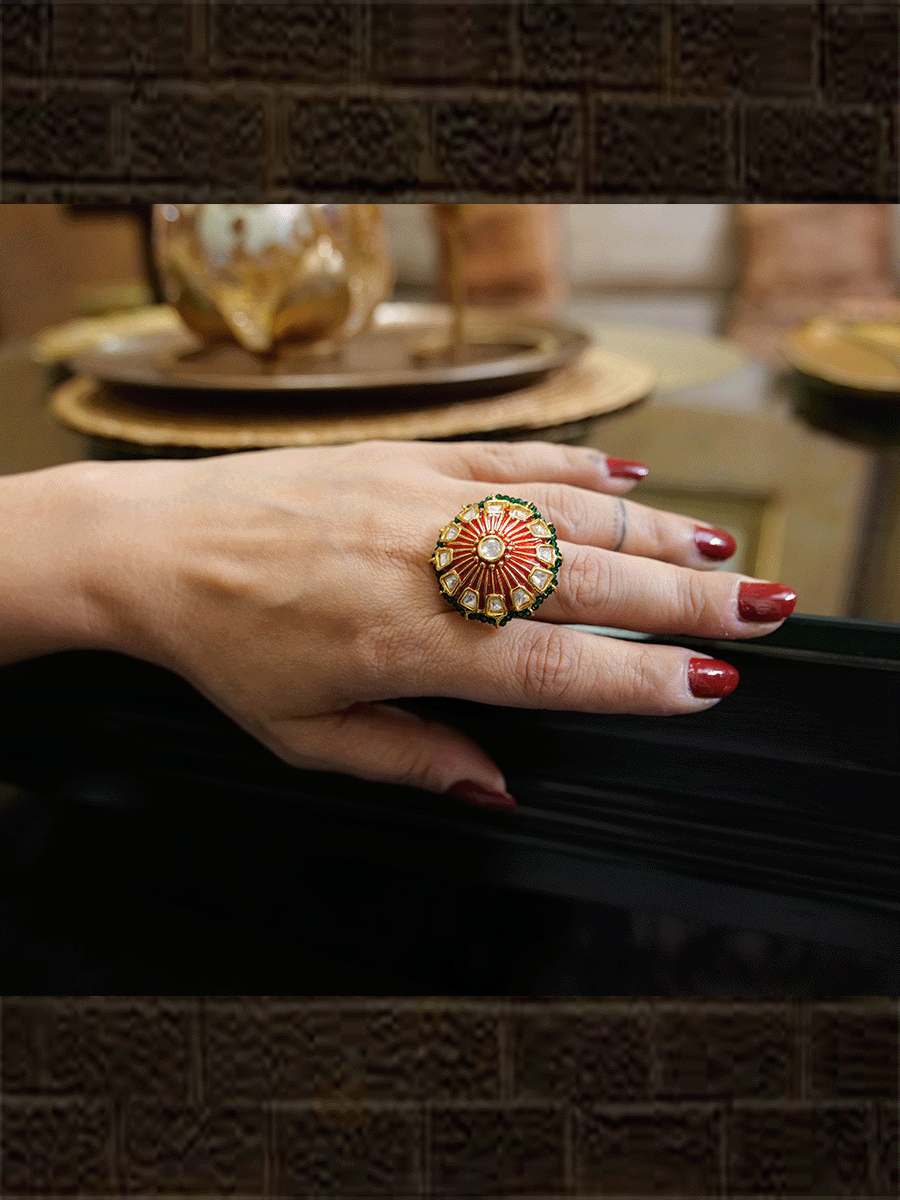 Kundan enamel work adjustable ring with coloured bead pirohi edge - Odara Jewellery