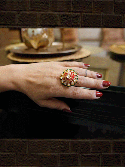 Kundan enamel work adjustable ring with coloured bead pirohi edge - Odara Jewellery