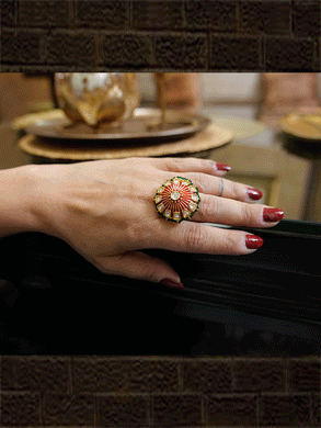Kundan enamel work adjustable ring with coloured bead pirohi edge - Odara Jewellery