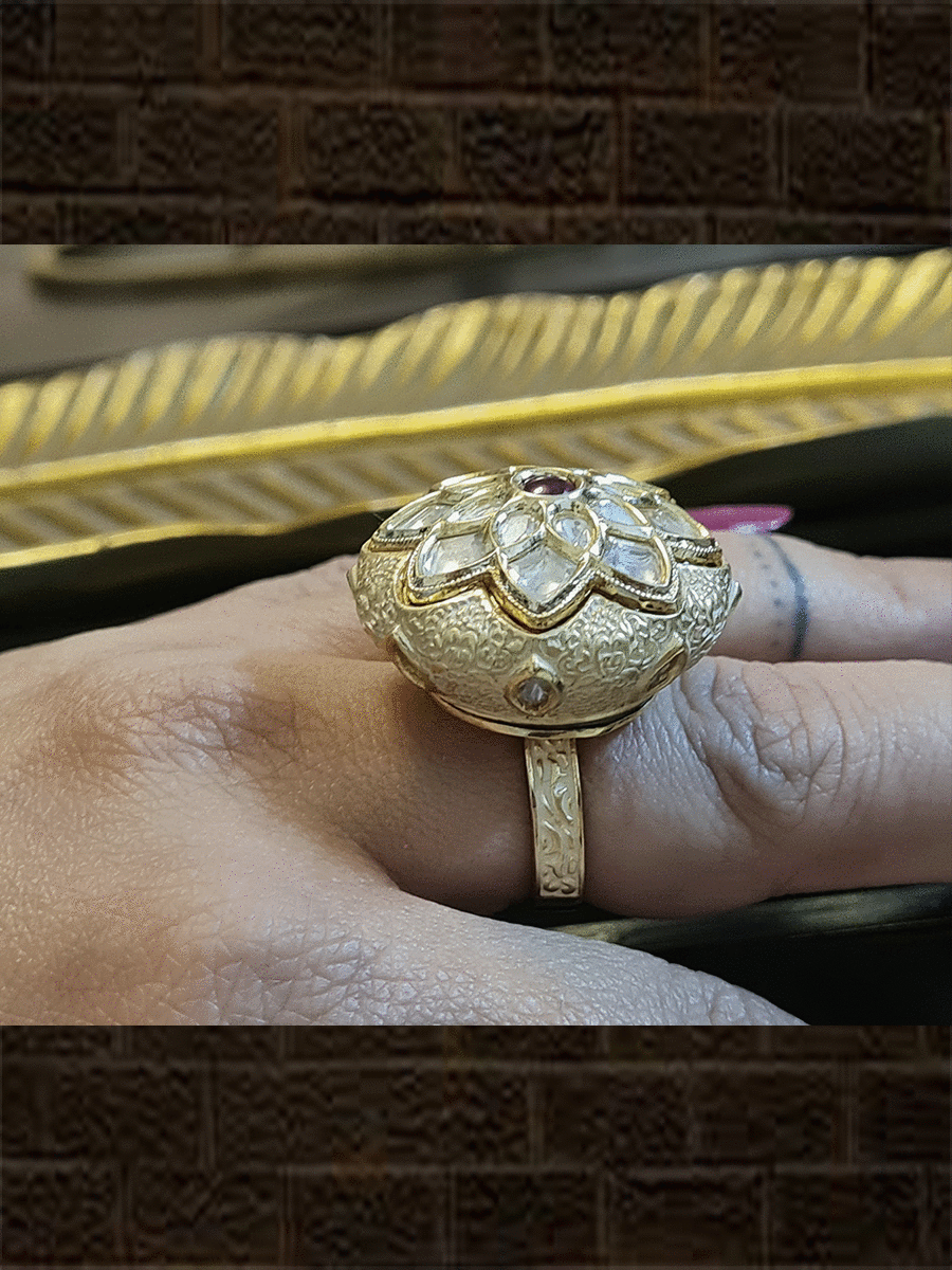 Ivory enamel bold kundan embedded openable crown shaped ring with ruby stone in center - Odara Jewellery