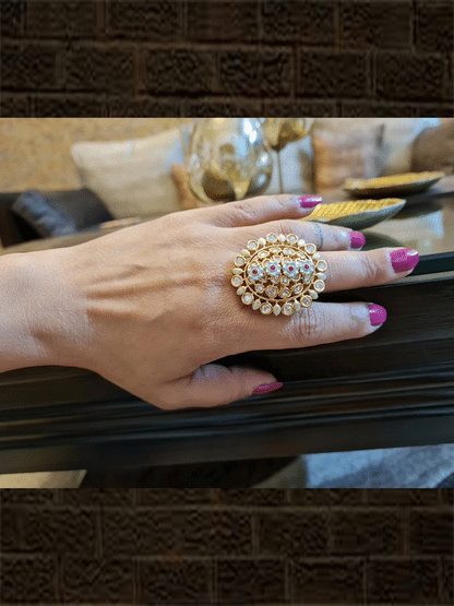 Ferozi enamel flower with ruby stone center design openable kundan ring - Odara Jewellery