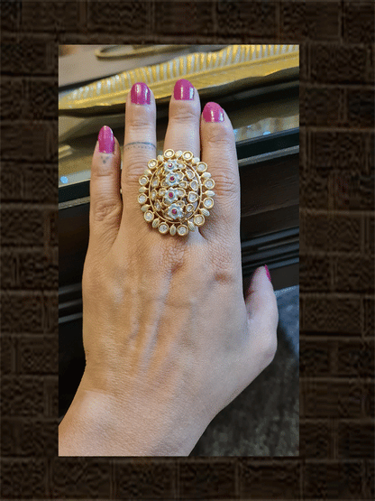 Ferozi enamel flower with ruby stone center design openable kundan ring - Odara Jewellery