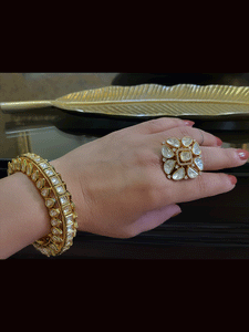 Square shaped bold uncut polki adjustable ring with AD detailing