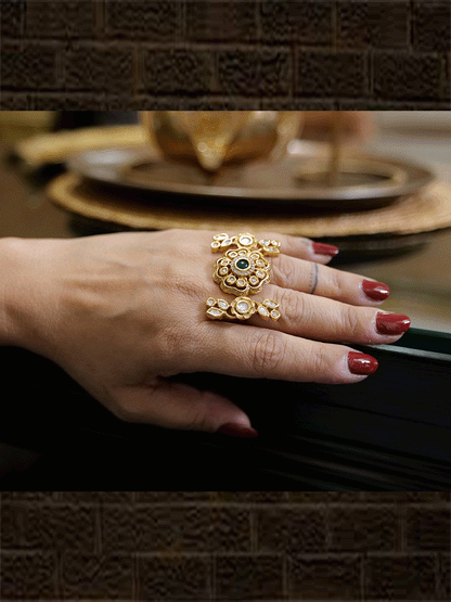 AD and kundan double finger ring with stones - Odara Jewellery