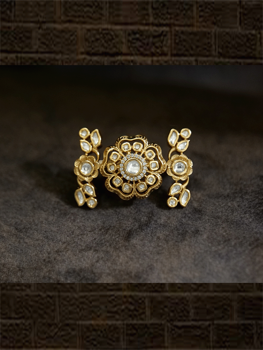 AD and kundan double finger ring with stones - Odara Jewellery