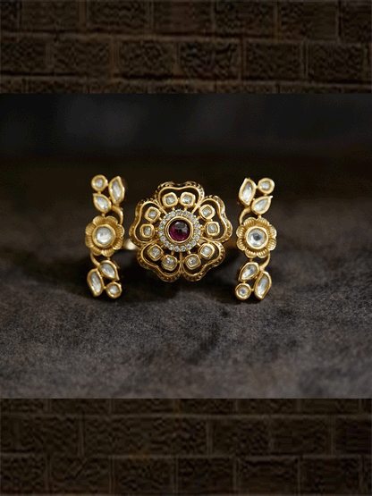 AD and kundan double finger ring with stones - Odara Jewellery