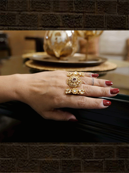 AD and kundan double finger ring with stones - Odara Jewellery