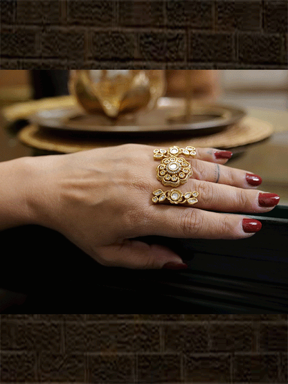 AD and kundan double finger ring with stones - Odara Jewellery