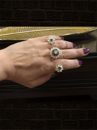 Adjustable kundan flower design three finger ring - Odara Jewellery