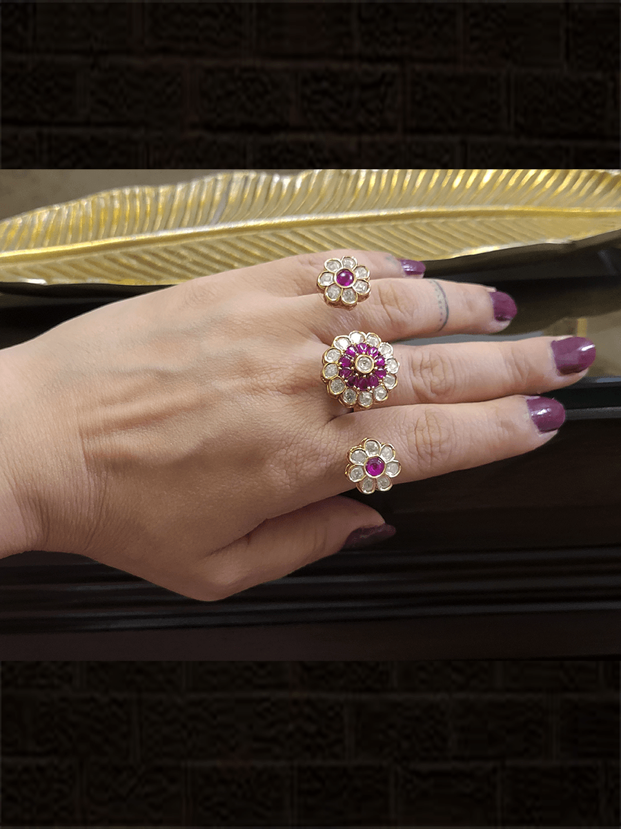 Adjustable kundan flower design three finger ring - Odara Jewellery