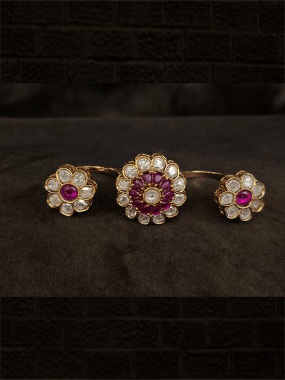 Adjustable kundan flower design three finger ring - Odara Jewellery