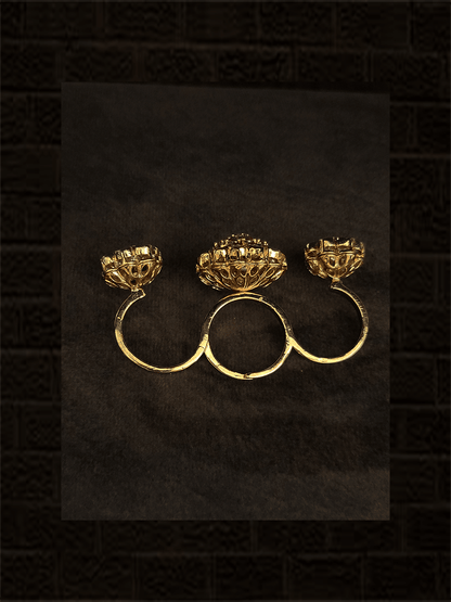 Adjustable kundan flower design three finger ring - Odara Jewellery