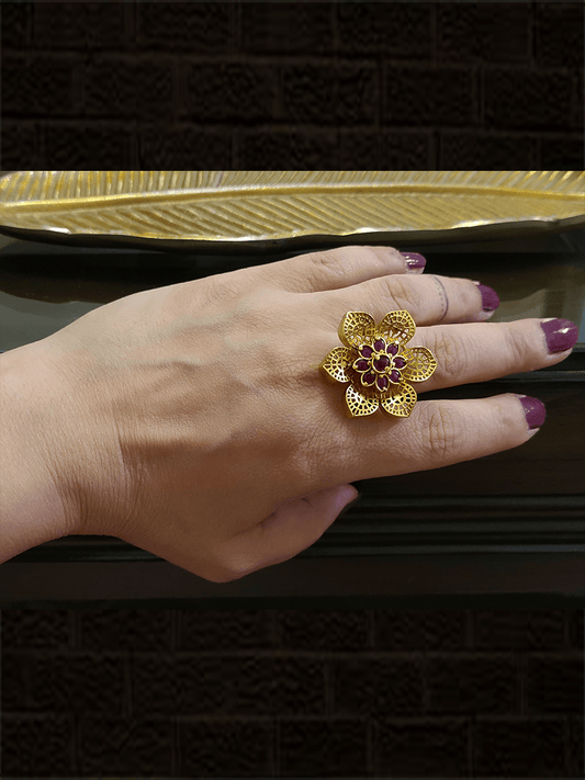Cutout leaf flower design stone studded adjustable ring - Odara Jewellery