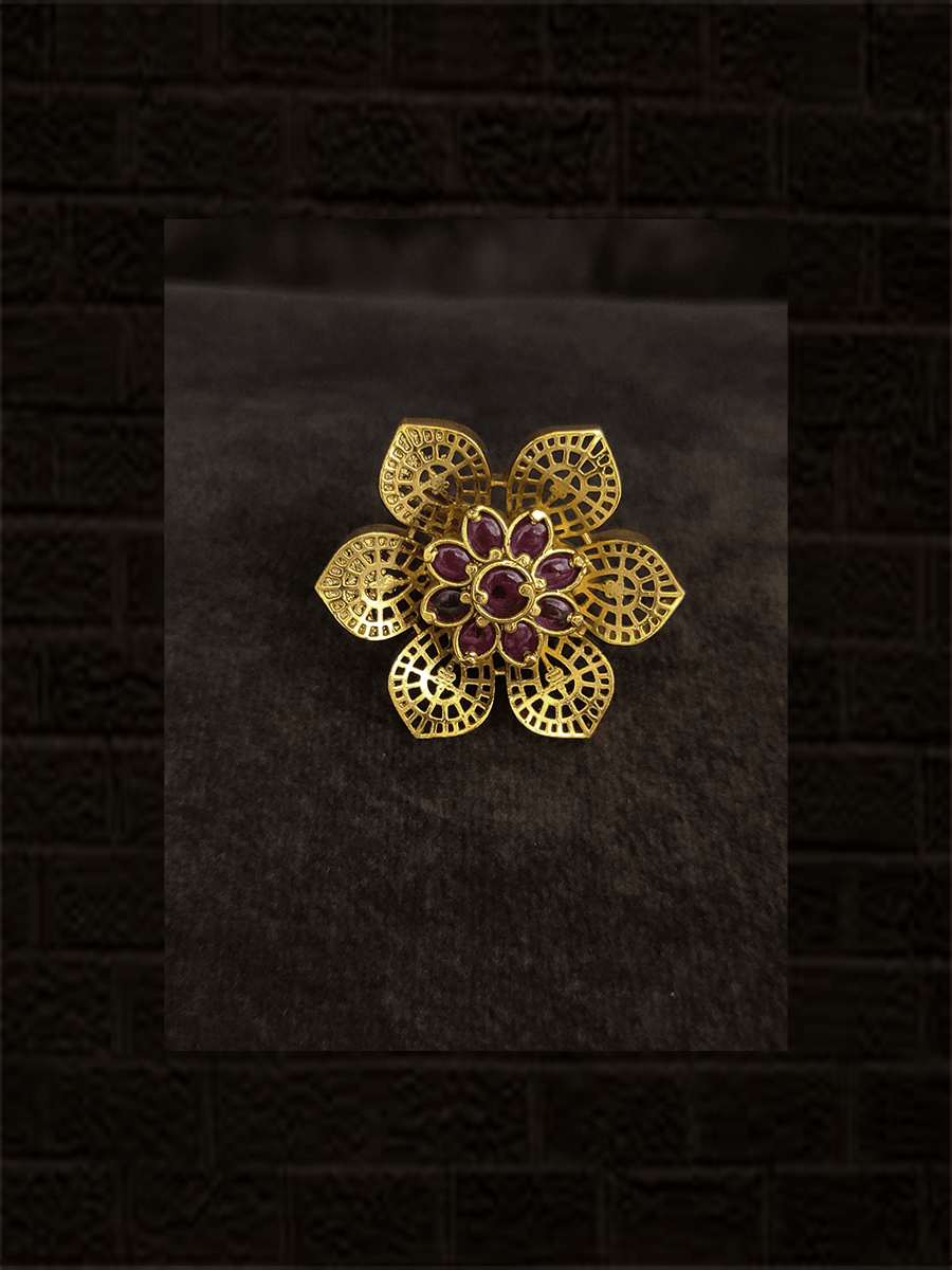 Cutout leaf flower design stone studded adjustable ring - Odara Jewellery