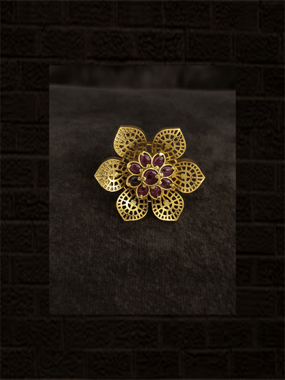 Cutout leaf flower design stone studded adjustable ring - Odara Jewellery