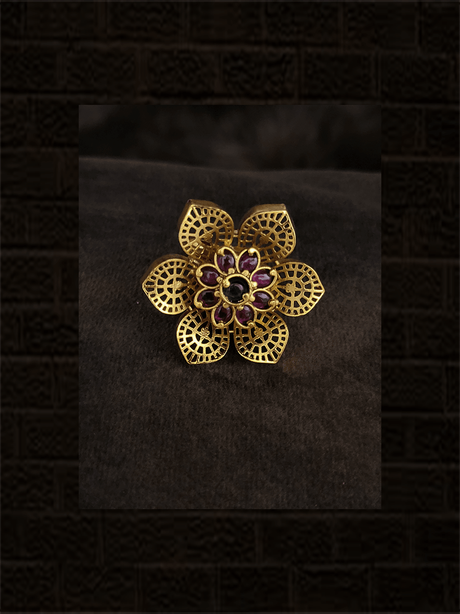 Cutout leaf flower design stone studded adjustable ring - Odara Jewellery