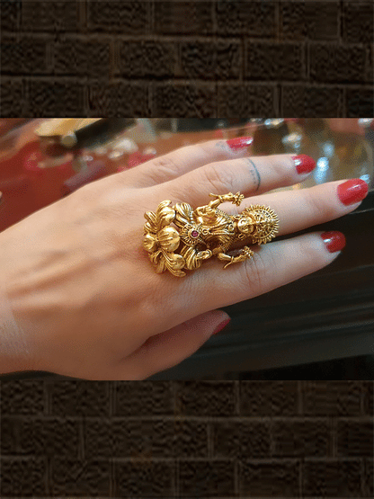 Laxmiji design adjustable ring with ruby stone - Odara Jewellery