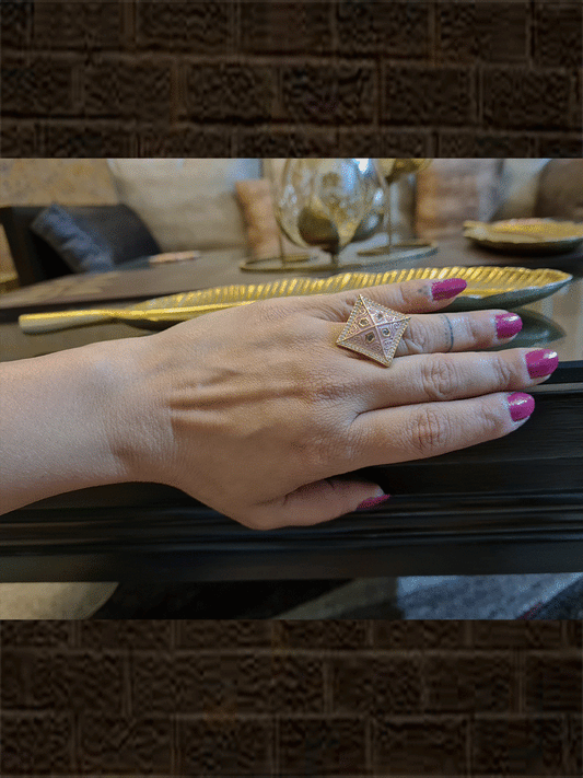 Rhombus shaped pink enamel AD and kundan rosegold finish openable ring - Odara Jewellery