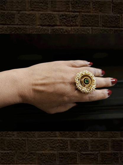 Antique gold finish adjustable ring with beaded lace on edge and stone in the middle - Odara Jewellery