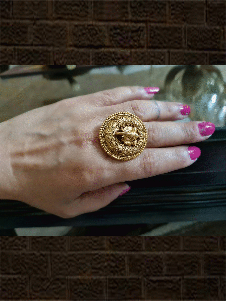 Ganpatiji ring with self gold design - Odara Jewellery