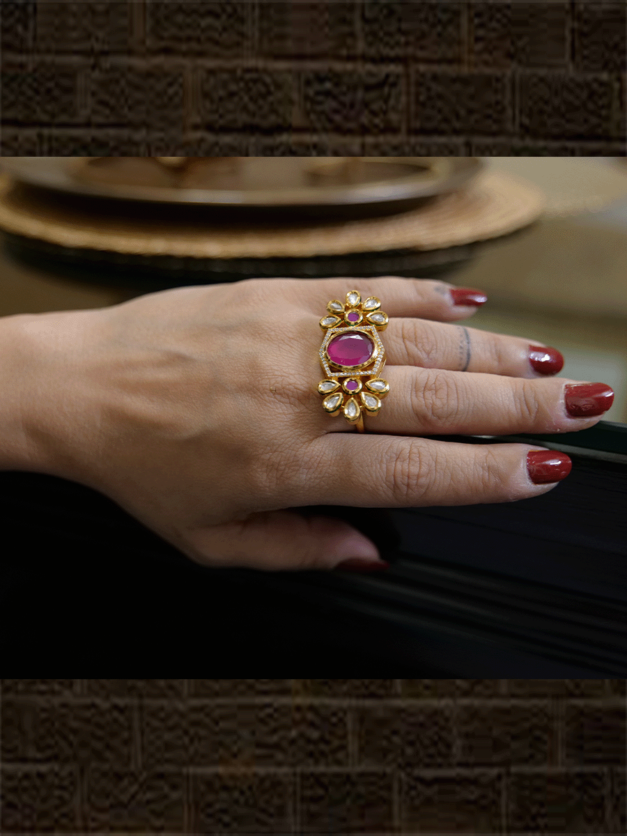 Double finger AD ,kundan and ruby design adjustable ring - Odara Jewellery