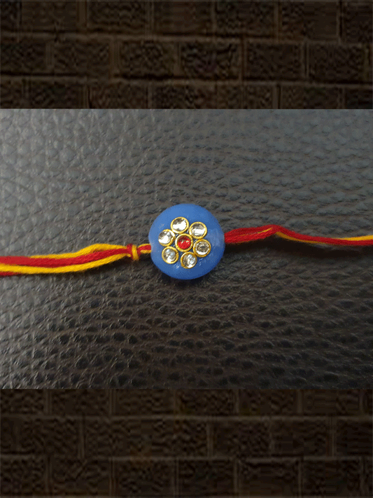 Blue round glass bead kundan rakhi - Odara Jewellery