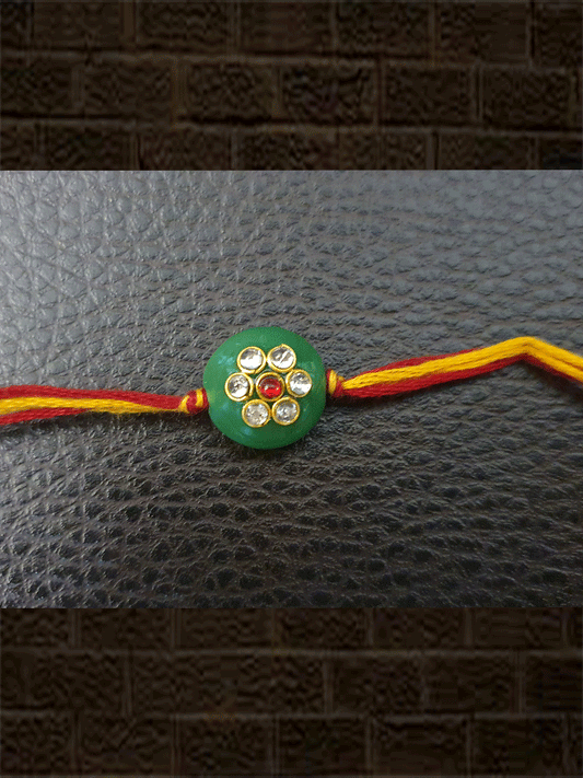 Green round glass bead kundan rakhi - Odara Jewellery